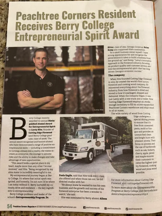 Magazine article: Peachtree Corners resident receives Berry College Entrepreneurial Spirit Award